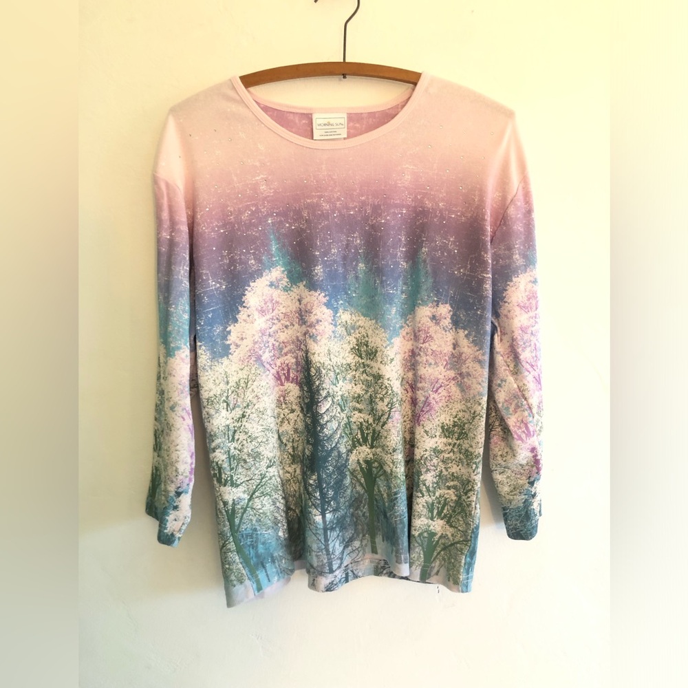 VTG 90s Morning Sun Sweatshirt Women's Size XL Winter Scene Trees Grandma Core